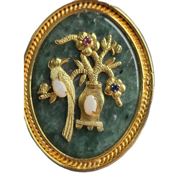 Vtg Chinese Jade Blessings Fortune Pendant Opals Red And Blue Stone Gold Tone - Picture 1 of 8